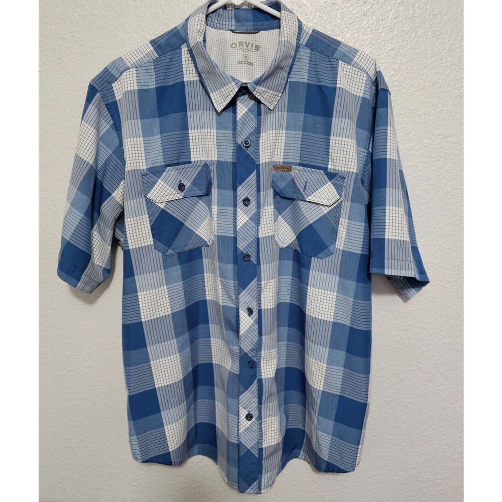 Orvis Mens Shirt XL Blue Plaid Check Outdoor Button Lightweight‎ Short Sleeve